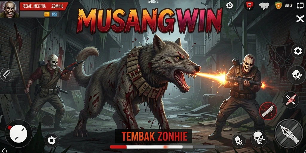 Screenshot utama MUSANGWIN menampilkan aksi seru menembak zombie.